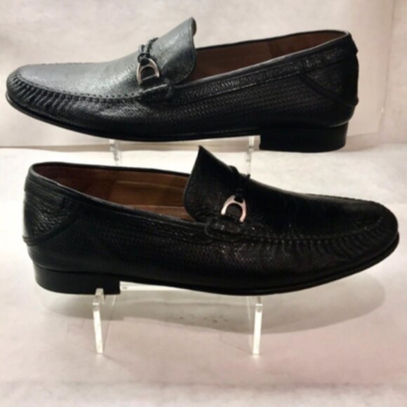 Mezlan Vesta Black Ostrich Woven Calfskin Moc Toe Bit Strap Loafers
